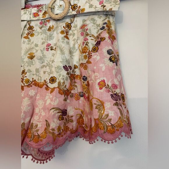 Zimmermann Laurel Pink White Linen Scalloped Floral Shorts Belt Size AU 3 US 10 - Picture 6 of 11